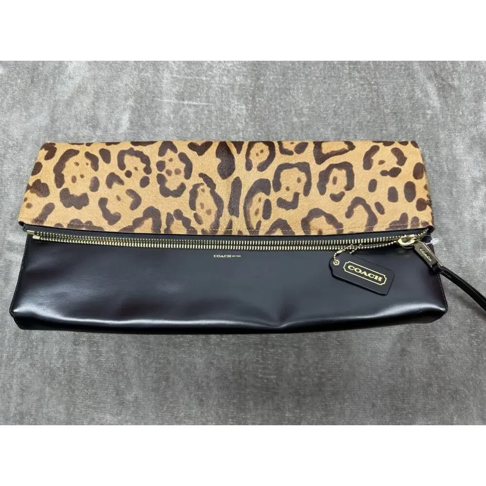 NEW Coach Leopard Pony Hair Foldover Clutch Wristlet Leather Sample Sale